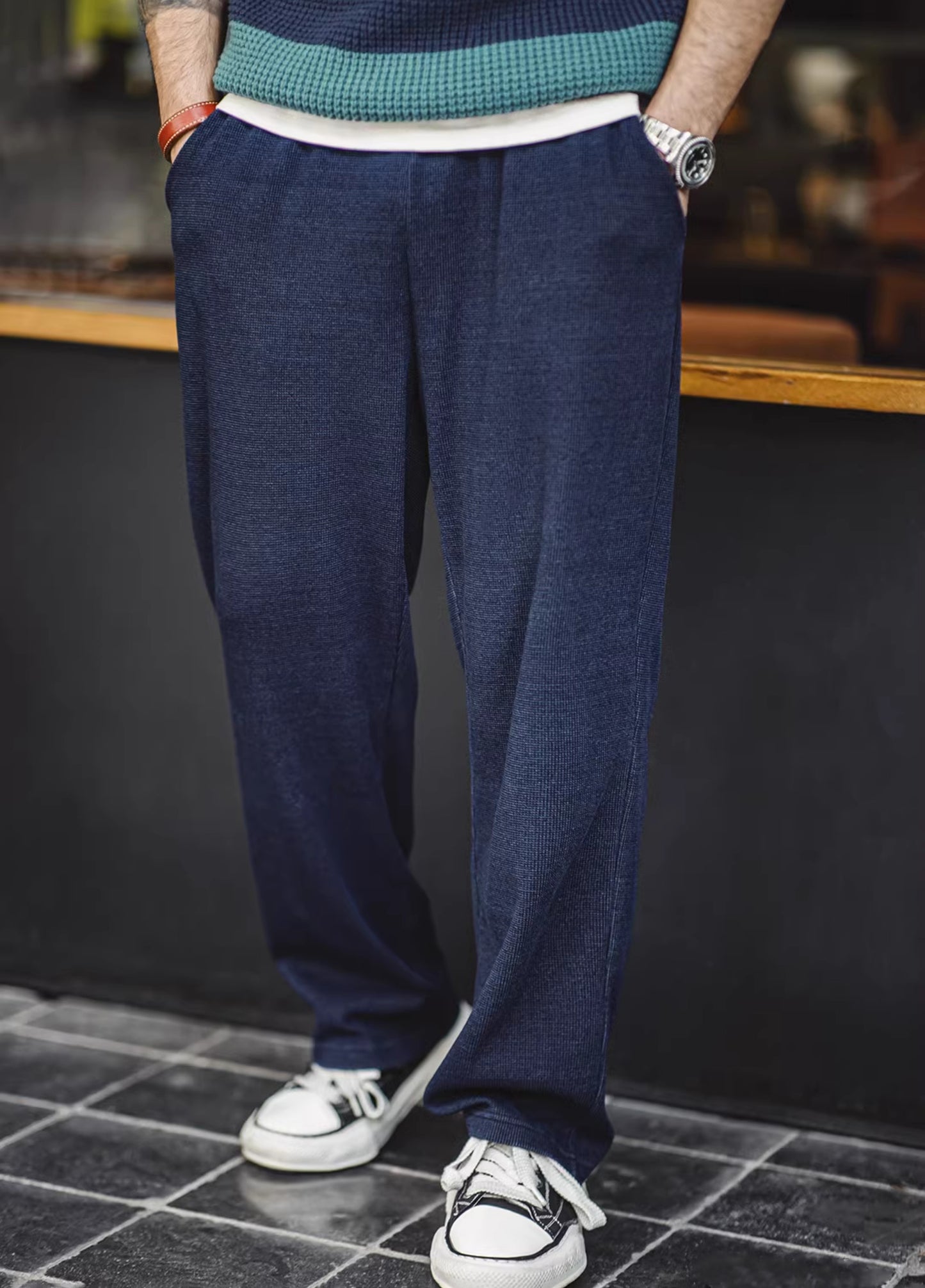 American Retro Knitted Drape Waffle Sweatpants Textured Men's Trousers