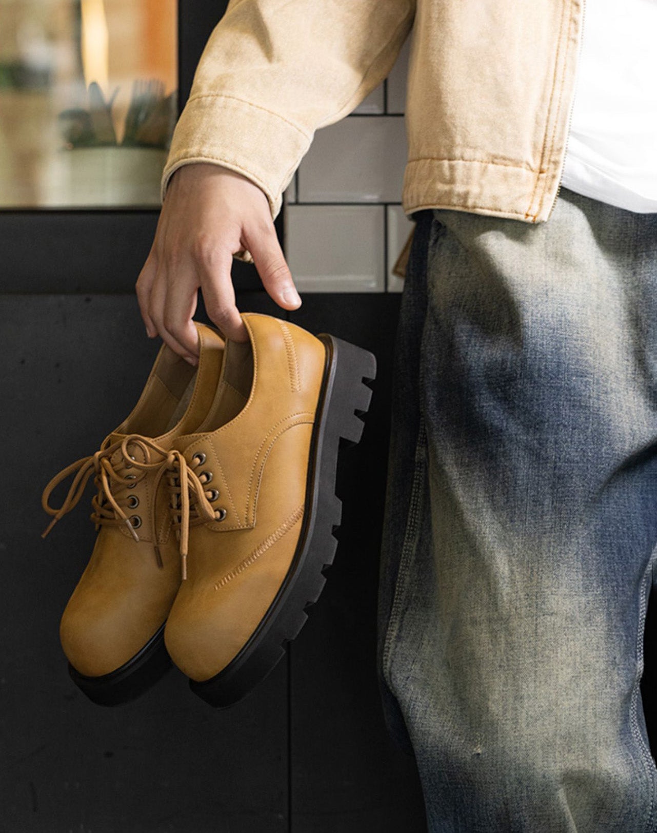 Derby Big Head Workwear Low-Top Yellow Leather Men's Dress Shoes Derby Big Head Workwear Low-Top Yellow Leather Men's Dress Shoes