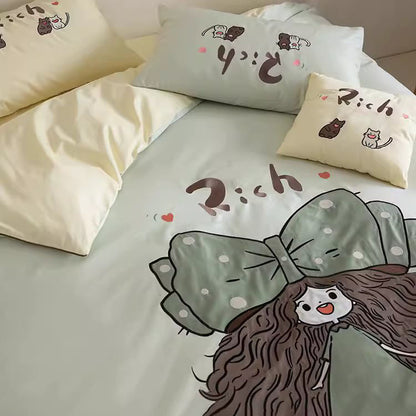 Juego de cama de cuatro piezas de algodón con diseño de niña mariposa linda de dibujos animados