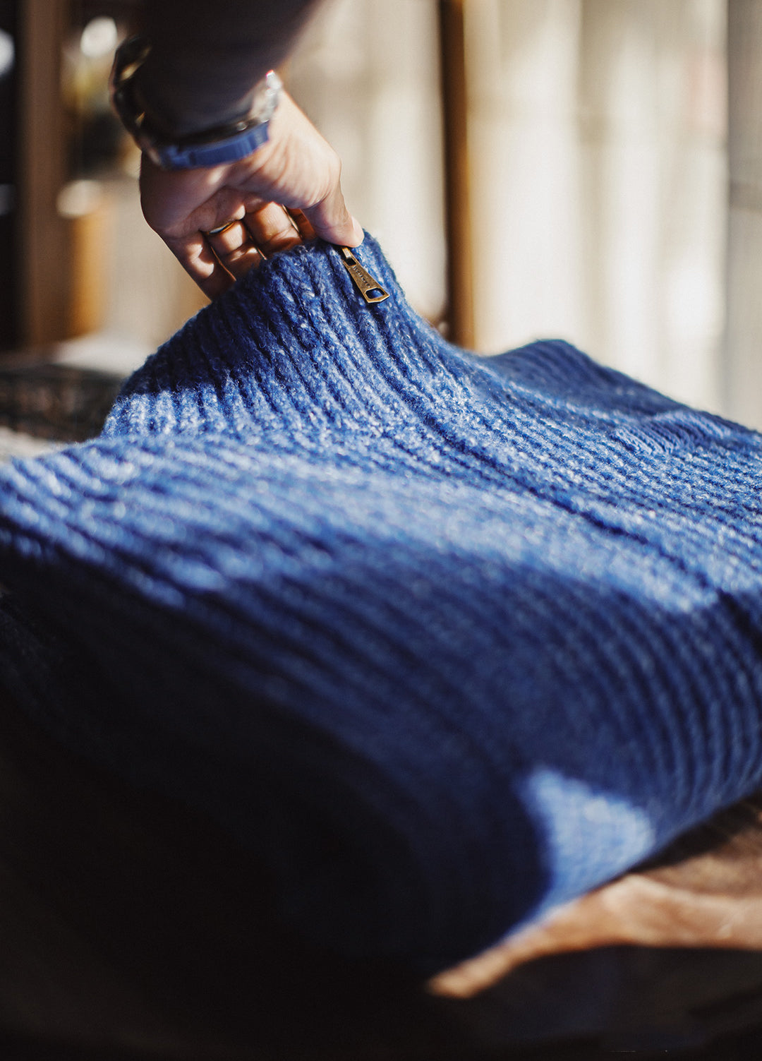 American Ice Blue Cardigan Thick High Neck Warm Knitwear Winter Men's Jacket