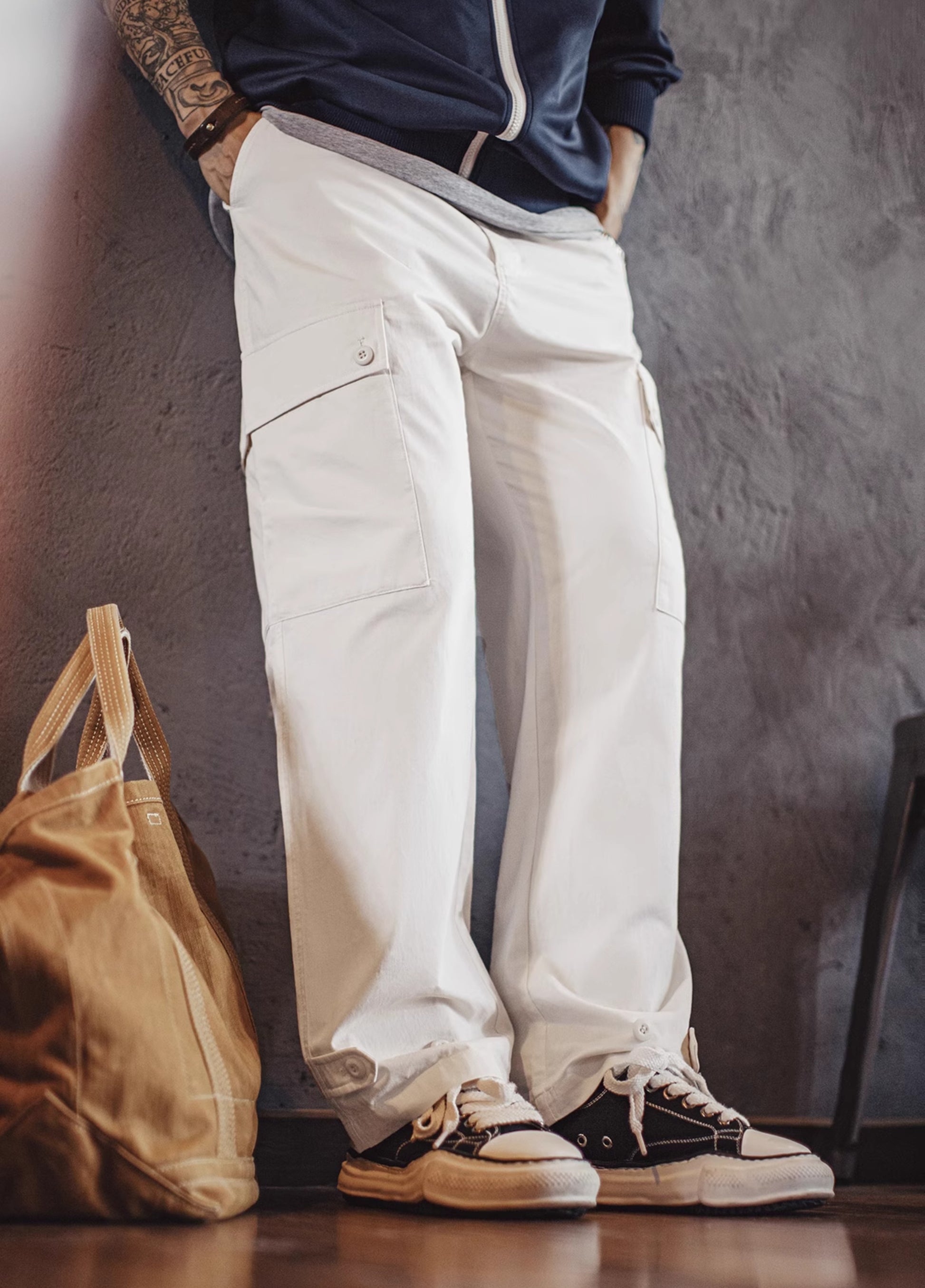 American Large Pocket Casual White Straight Elastic Waist Thin Men's Trousers - Harmony Gallery