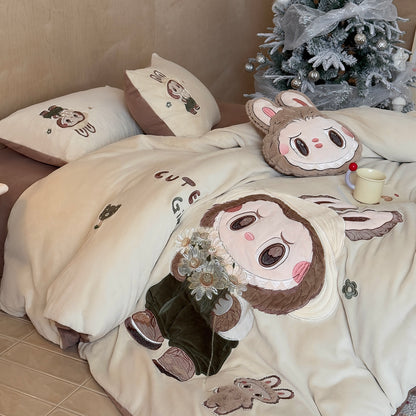 Cool Bear Cartoon Coral Fleece Warm Double-Sided Thick Four-Piece Bed Set