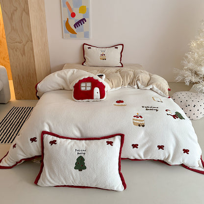 Winter Creamy Cake Snowman Thickened Cashmere Four-Piece Fleece Bed Set