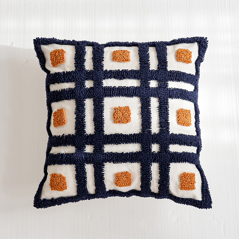 Coussin décoratif abstrait géométrique bleu marine et orange artisanal