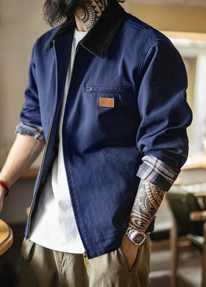 American Retro Detroit Navy Blue Hunting Barn Dragon Fruit Color Men's Jacket - Harmony Gallery