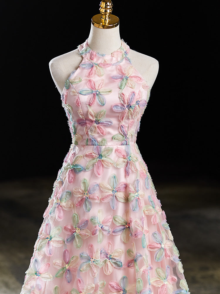 Enchanting Pastel Floral Halter Neck A-Line Evening Gown - Harmony Gallery