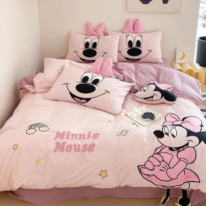 Disney Mickey And Minnie Cartoon Washed Cotton Four-piece Bed Set