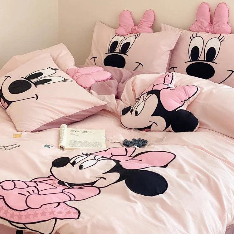 Disney Mickey And Minnie Cartoon Washed Cotton Four-piece Bed Set
