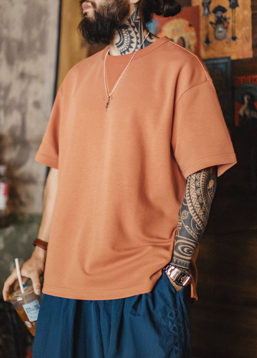 American Retro Crew Neck Ribbed Loose Daily Summer Men's T-Shirt