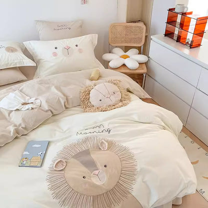 Niedlicher kleiner Löwe, vierteiliges Bettwäsche-Set aus reiner, gewaschener Baumwolle
