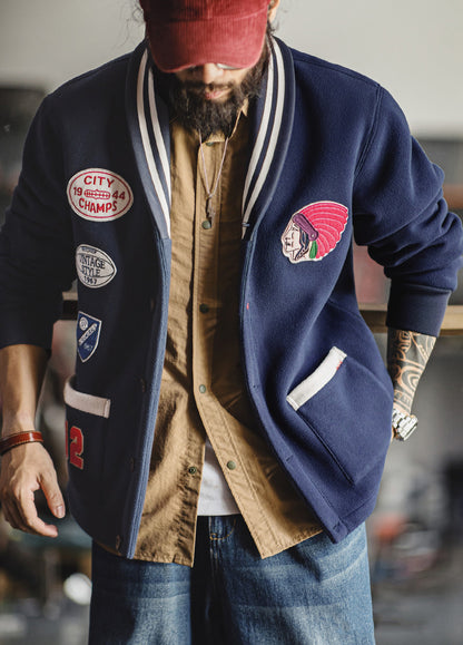 American Retro Shawl Collar Cardigan Fleece Warm Short Baseball Men's Jacket