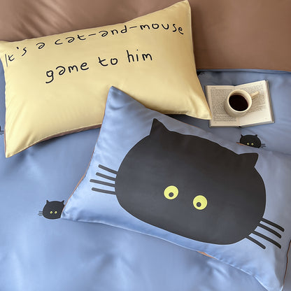 Cartoon Black Cat Pure Cotton Skin-Friendly Four-Piece Bed Set