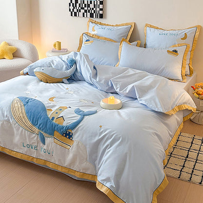 Cute Cartoon Whale For Boy And Girl  Pure Cotton Four-Piece Bed Set