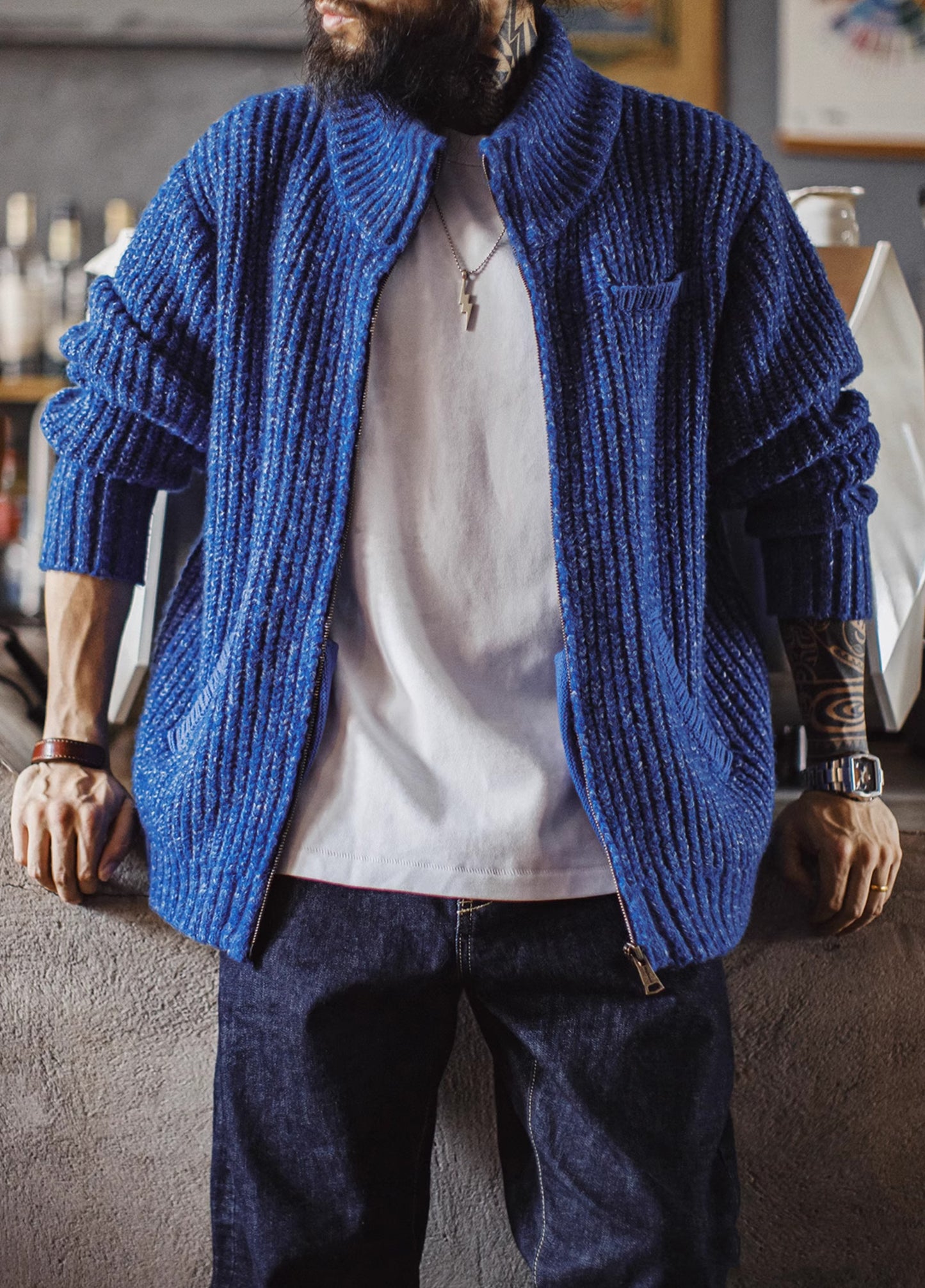 American Ice Blue Cardigan Thick High Neck Warm Knitwear Winter Men's Jacket