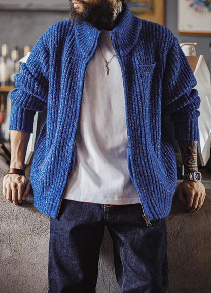 American Ice Blue Cardigan Thick High Neck Warm Knitwear Winter Men's Jacket