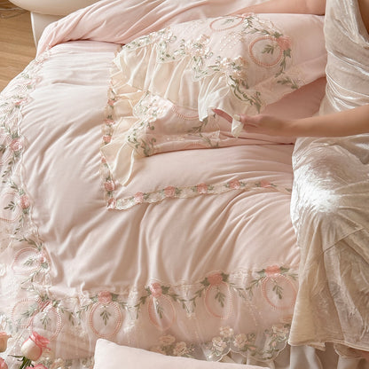 French Fleece Lace Trim Thickened Mattress High Density Four-Piece Bed Set