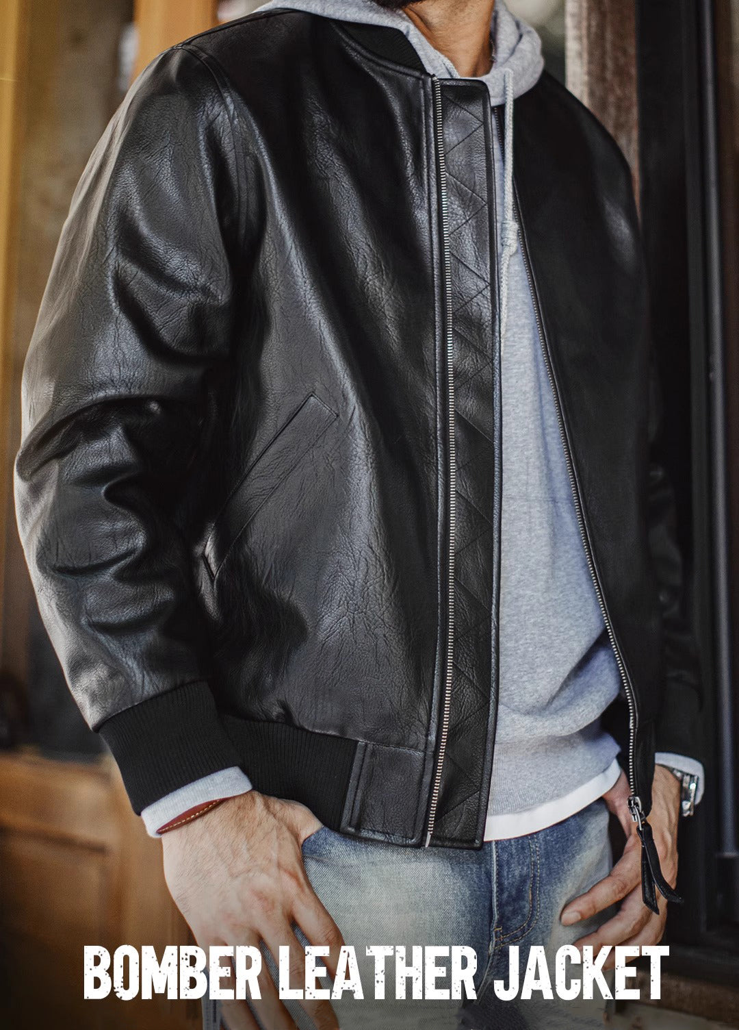 American MA1 Pilot Leather Handsome Short Lychee Pattern Men's Jacket - Harmony Gallery