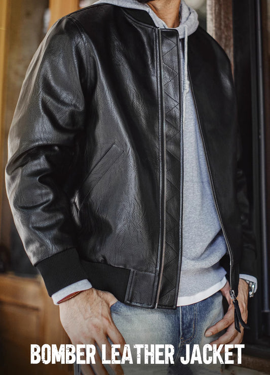 American MA1 Pilot Leather Handsome Short Lychee Pattern Men's Jacket - Harmony Gallery