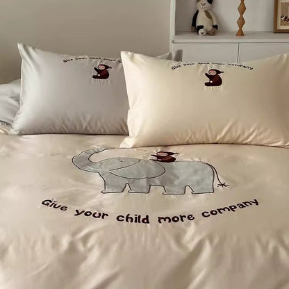 Conjunto de cama de quatro peças de algodão para bebê com elefante fofo e desenho animado