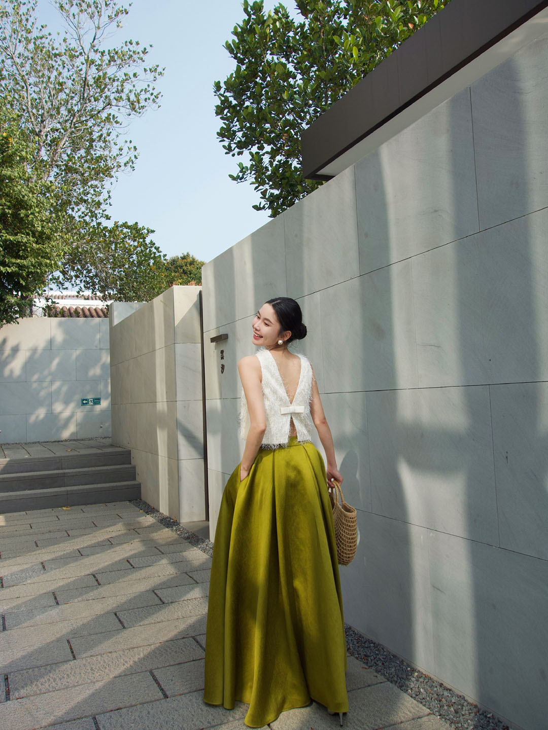 Elegant Two-Piece White Textured Sleeveless Top with Flowing Olive Green Maxi Skirt - Harmony Gallery