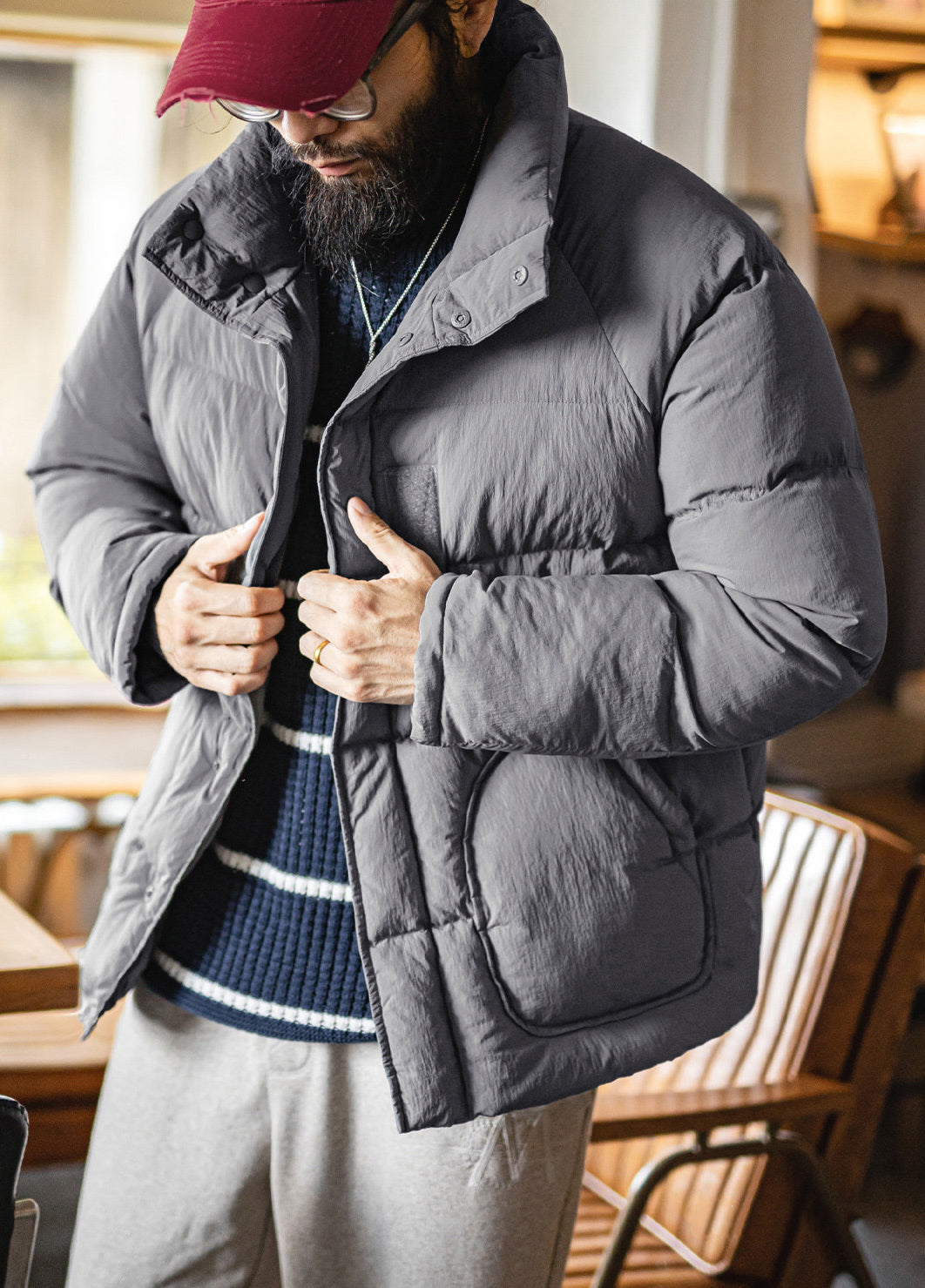 American Gray Cotton Raglan Sleeve Thickened Warm Cropped Men's Jacket - Harmony Gallery