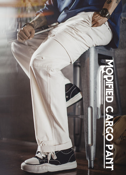American Large Pocket Casual White Straight Elastic Waist Thin Men's Trousers - Harmony Gallery