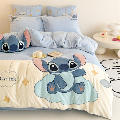 Cartoon Stitch Milk Velvet Winter Heat Storage Four-Piece Bed Set