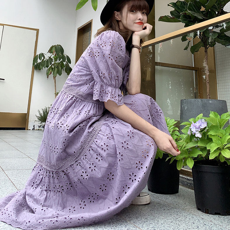 loose purple dress Vintage Purple Chiffon Patchwork Pleated maxi dress with Lantern Sleeves