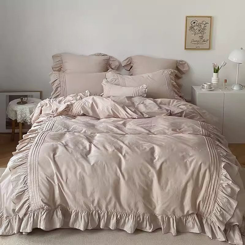 Princess Lotus Leaf Lace Washed Pure Cotton Four-Piece Bed Set - Harmony Gallery