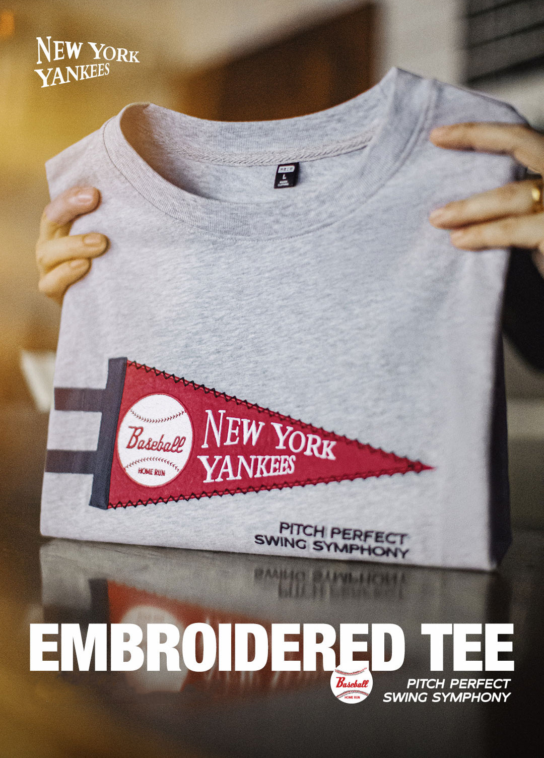 American Retro Patch Flower Gray Yankees Heavy Cotton Baseball Men's T-Shirt - Harmony Gallery