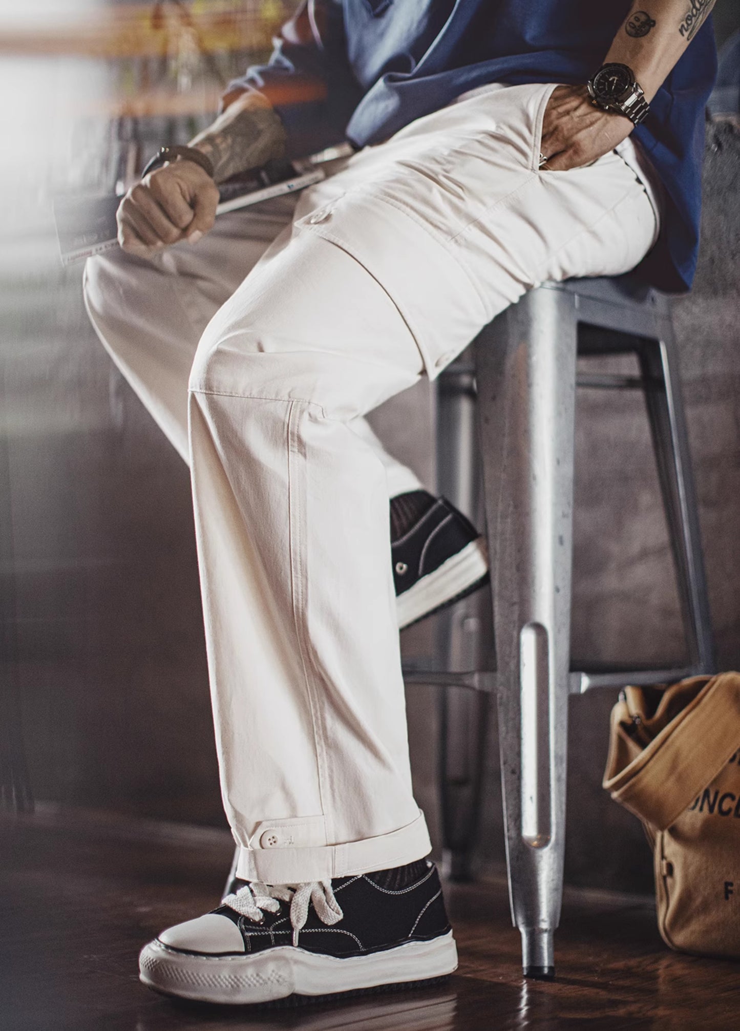 American Large Pocket Casual White Straight Elastic Waist Thin Men's Trousers - Harmony Gallery