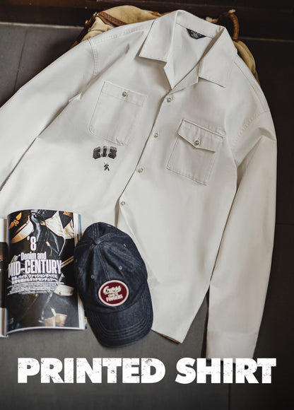 American Retro Print Cuban Collar Long Sleeve Oversized Silhouette Men's Shirt - Harmony Gallery