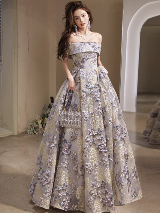 Elegant Lavender and Gold Floral Off-Shoulder Ball Gown - Harmony Gallery