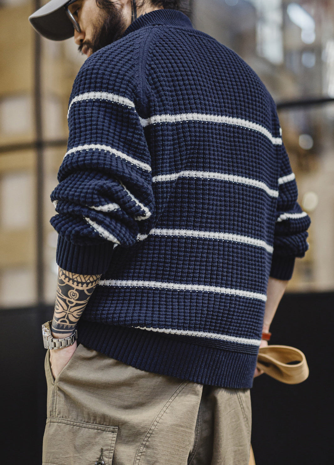 American Striped Raglan Sleeve Turtleneck Knit Thickened And Warm Men's Sweater - Harmony Gallery