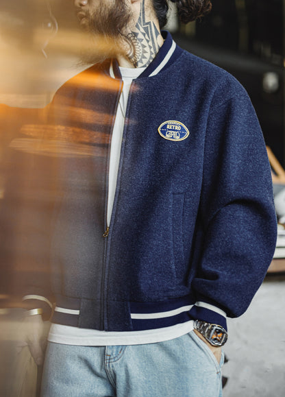 American Retro Blue Knit Baseball With Embroidered Daily Men's Jacket - Harmony Gallery
