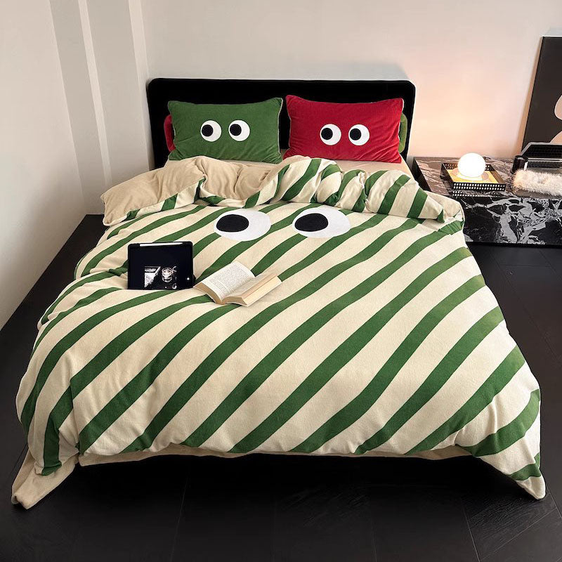 Big Eyes Queer Thickened Warm Milk Velvet Four-Piece Coral Bed Set - Harmony Gallery