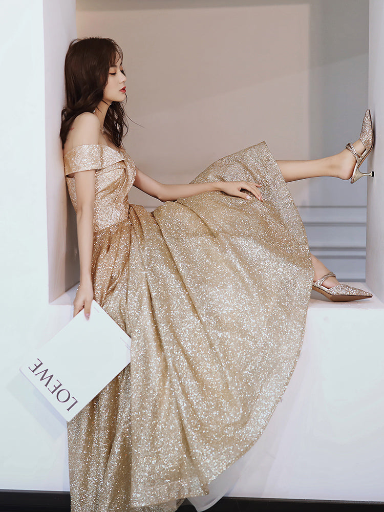 Elegant Off-Shoulder Gold Glitter Evening Gown - Harmony Gallery
