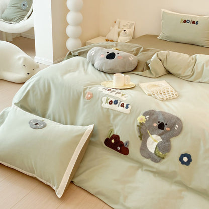 Cartoon Cute Little Koala Brushed Pure Cotton Thickened Four-Piece Bed Set