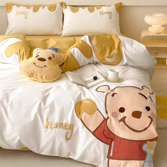 Cartoon Cute Disney Pooh Washed Four-Piece Pure Cotton Bed Set - Harmony Gallery