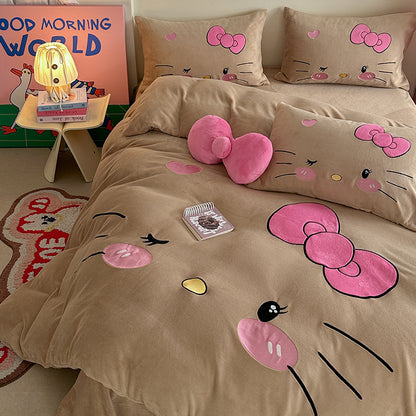 Children's Hello Kitty Little Milk Fleece Cartoon Winter Four-Piece Bed Set