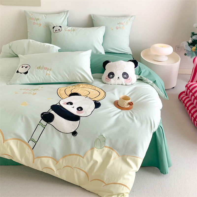 Cute Small Panda Pure Cotton Washed Four-Piece Bed Set