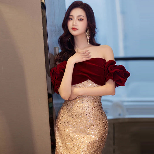Luxurious Red and Gold Off-Shoulder Sequined Evening Gown