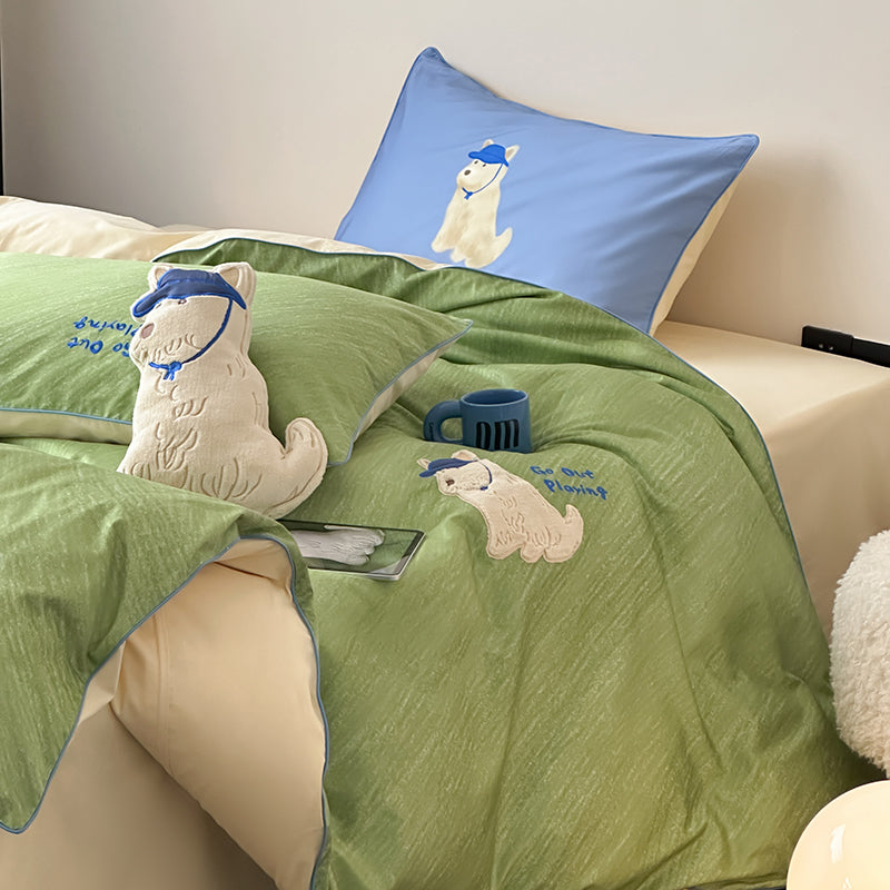 Cartoon Cute Green Puppy Pure Cotton Skin-Friendly Four-Piece Bed Set