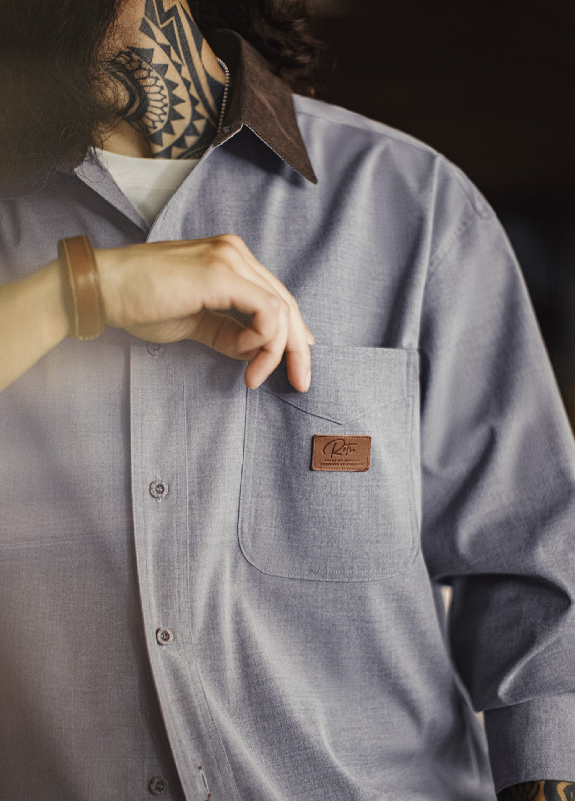 American Casual Corduroy Patchwork Meteorite Gray Thin Daily Men's Shirt - Harmony Gallery