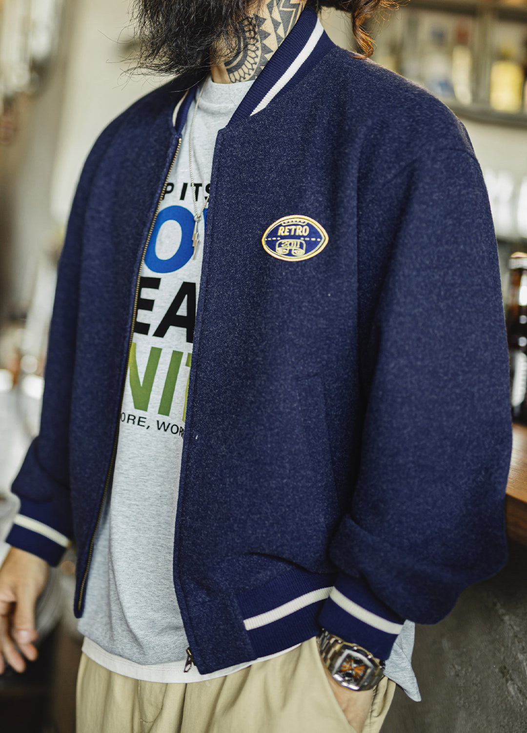 American Retro Blue Knit Baseball With Embroidered Daily Men's Jacket - Harmony Gallery