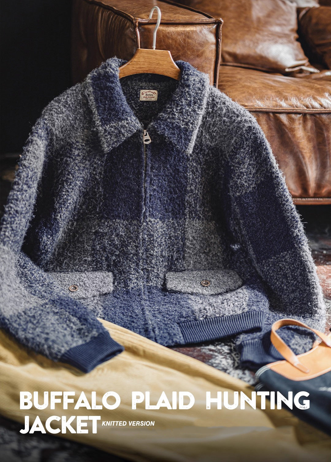 American Retro Buffalo Plaid Wool Coat Wool Blend Cardigan Men's Jacket - Harmony Gallery