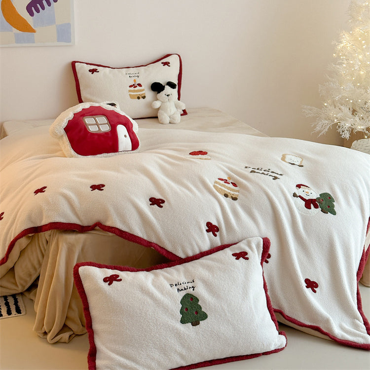 Winter Creamy Cake Snowman Thickened Cashmere Four-Piece Fleece Bed Set