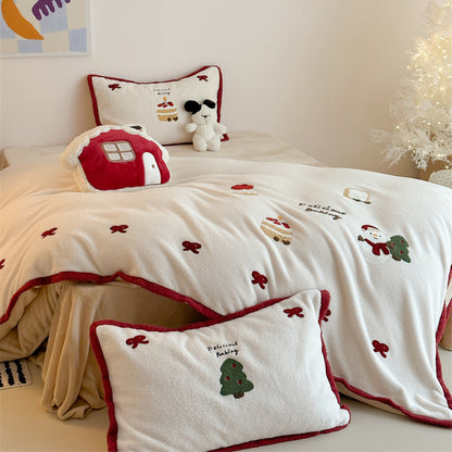Winter Creamy Cake Snowman Thickened Cashmere Four-Piece Fleece Bed Set