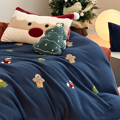 Christmas Winter Thickened Faux Cashmere Four-Piece Warm Fleece Bed Set