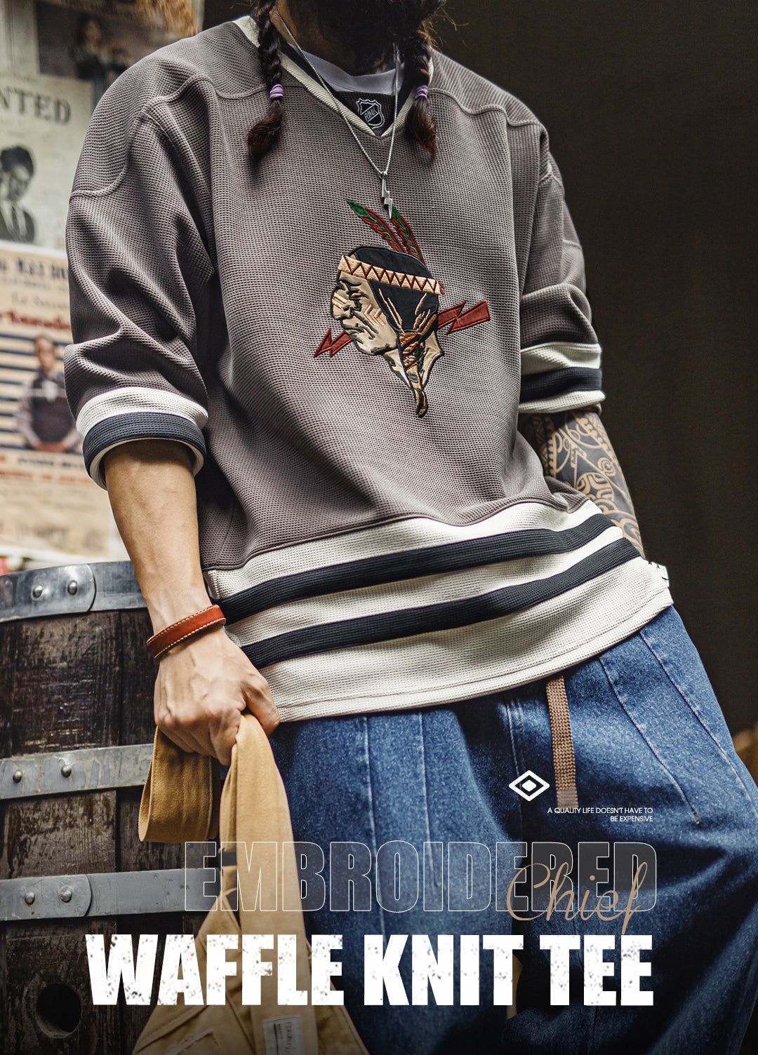 American Retro Waffle Long-Sleeved Embroidered Knitted Heavy Men's Sweater - Harmony Gallery